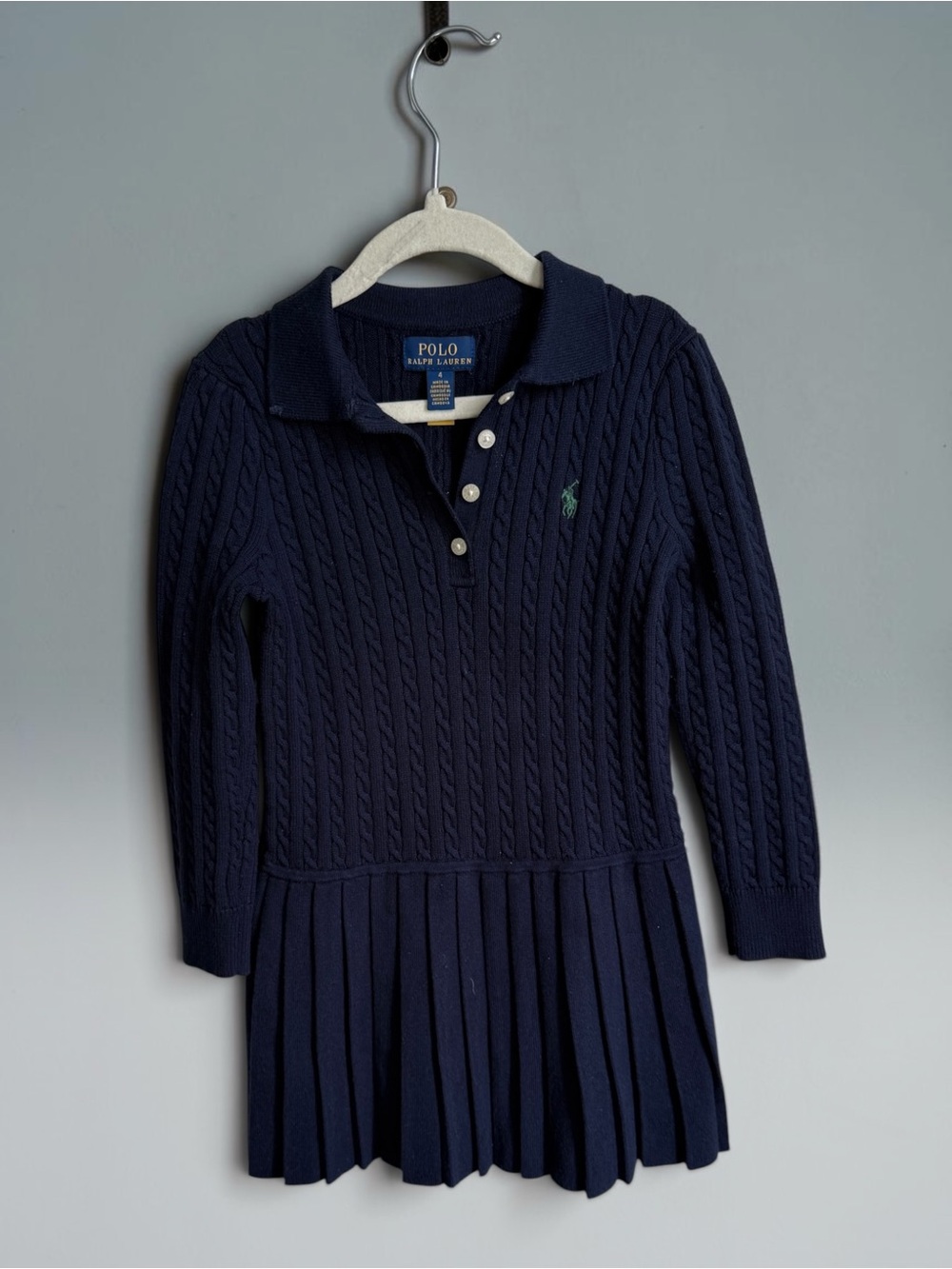 Polo by Ralph Lauren Navy Cable-Knit Polo Dress with Pleated Skirt